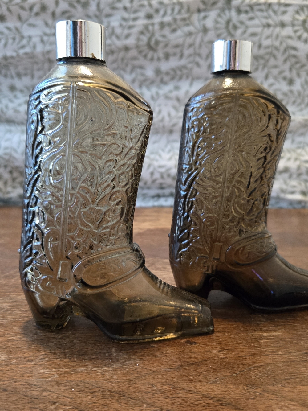 Avon Embossed Glass Cowboy Boot Bottle Pair - Brown Smoke
